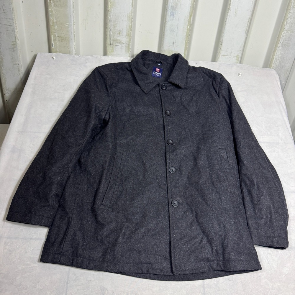 Chaps Mens Pea Coat Black Charcoal Gray Button Front Long Sleeve Outdoor 2XL